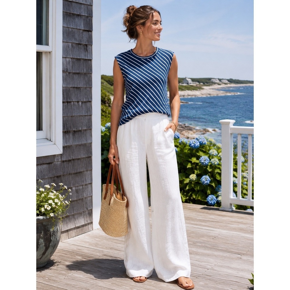 Tanya Taylor Blue White Striped Textured Knit Sleeveless Top Coastal Nautical M